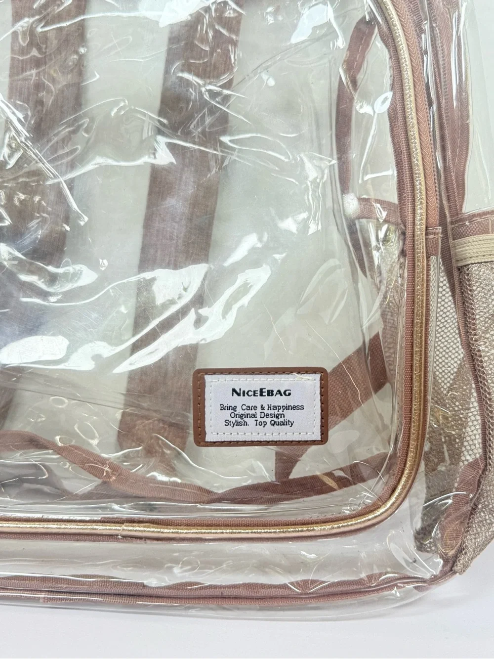 Clear Backpack with Rose Gold Trim and Padded Straps